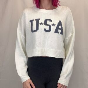 Grayson Threads Women's USA Cropped Sweater Extra Large Ivory Navy Patriotic